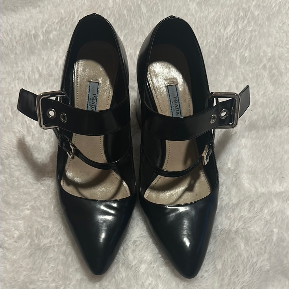 Prada Black Patent Leather Heels with Buckle